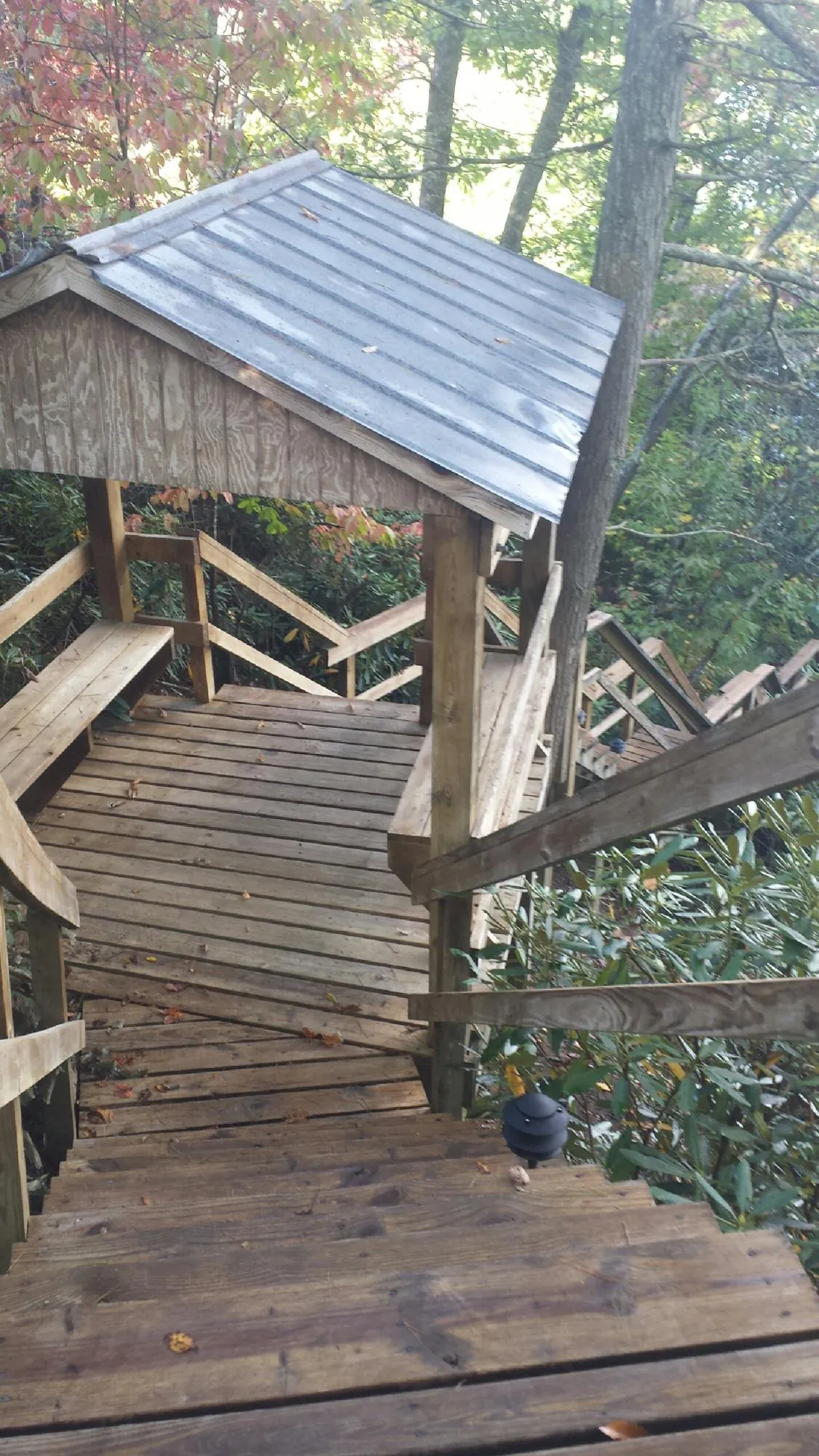 Metal roofed shelter over wooden steps on a wooded walkway — Skylight Repair & Installation work by our crew in Red Lake Falls